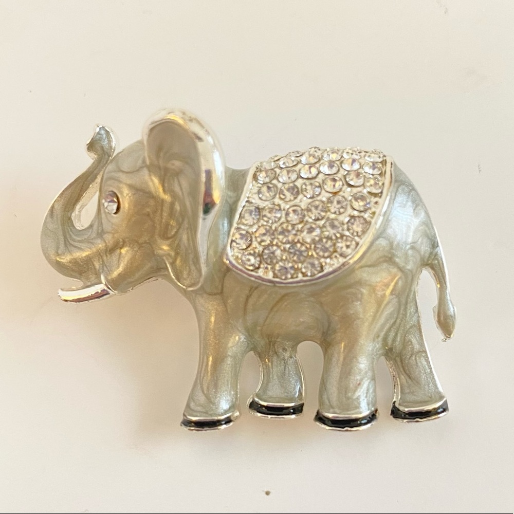 Figural Elephant Brooch Pin Liz Claiborne Silver Tone Rhinestone and Enamel